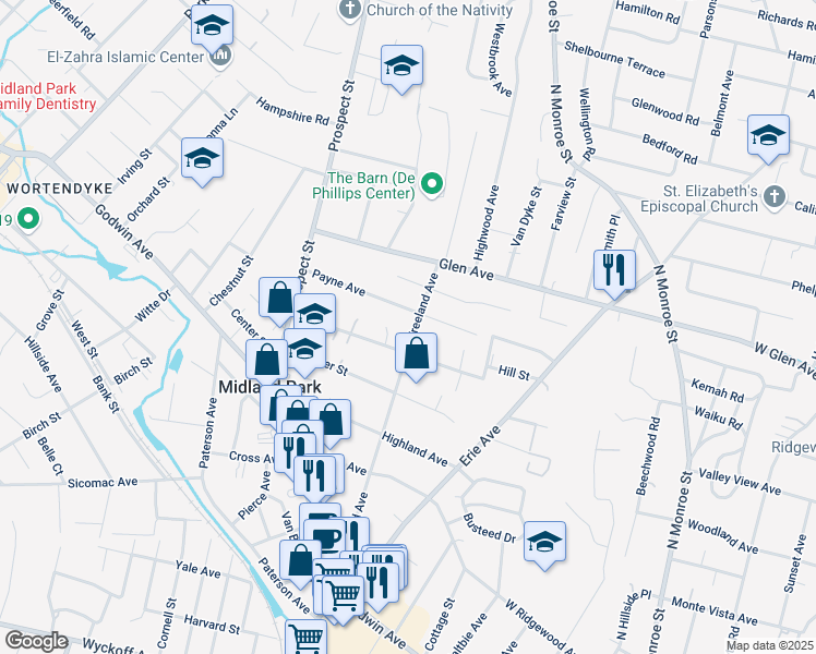 map of restaurants, bars, coffee shops, grocery stores, and more near 236 Vreeland Avenue in Midland Park