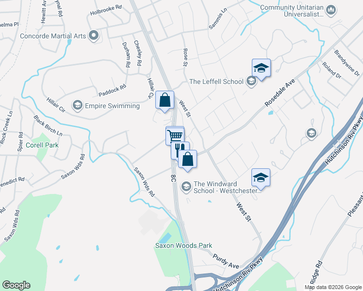 map of restaurants, bars, coffee shops, grocery stores, and more near 25 Manor Avenue in White Plains