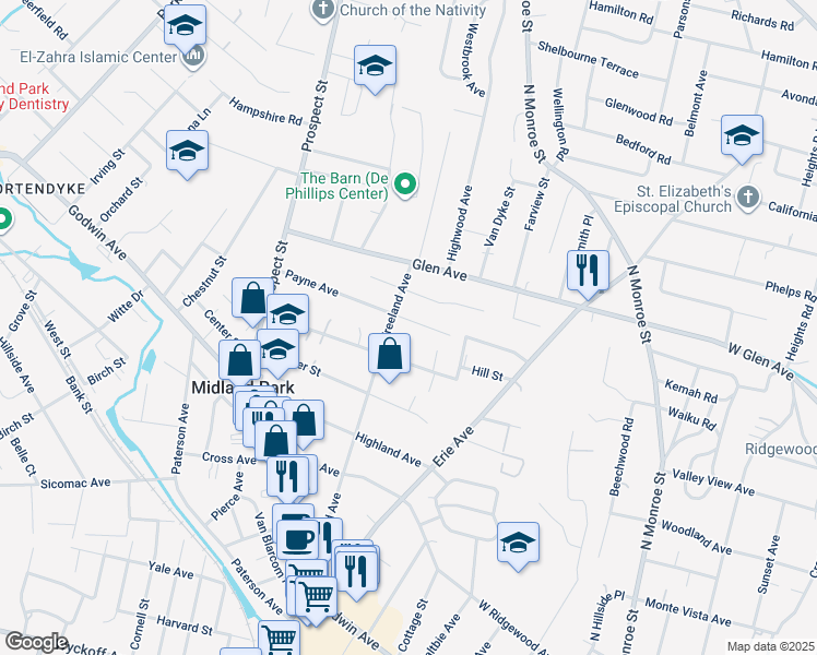 map of restaurants, bars, coffee shops, grocery stores, and more near 126 Payne Avenue in Midland Park