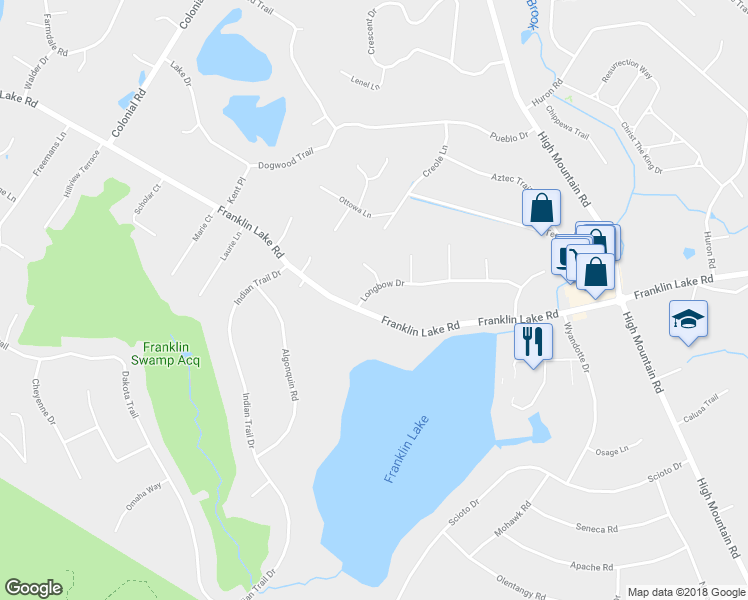 map of restaurants, bars, coffee shops, grocery stores, and more near 320 Longbow Drive in Franklin Lakes