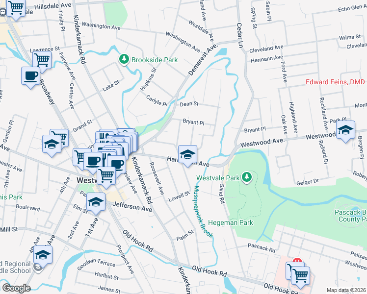 map of restaurants, bars, coffee shops, grocery stores, and more near 2 Lockerby Ln in Westwood