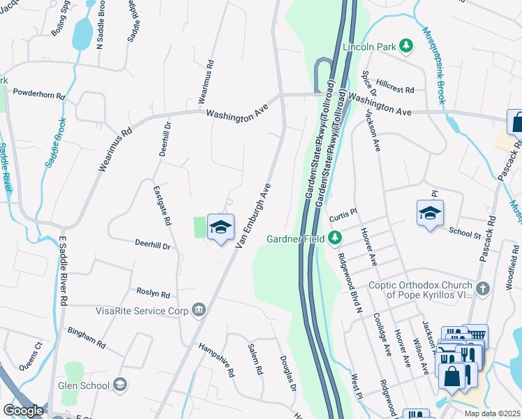 map of restaurants, bars, coffee shops, grocery stores, and more near 571 Van Emburgh Avenue in Township of Washington