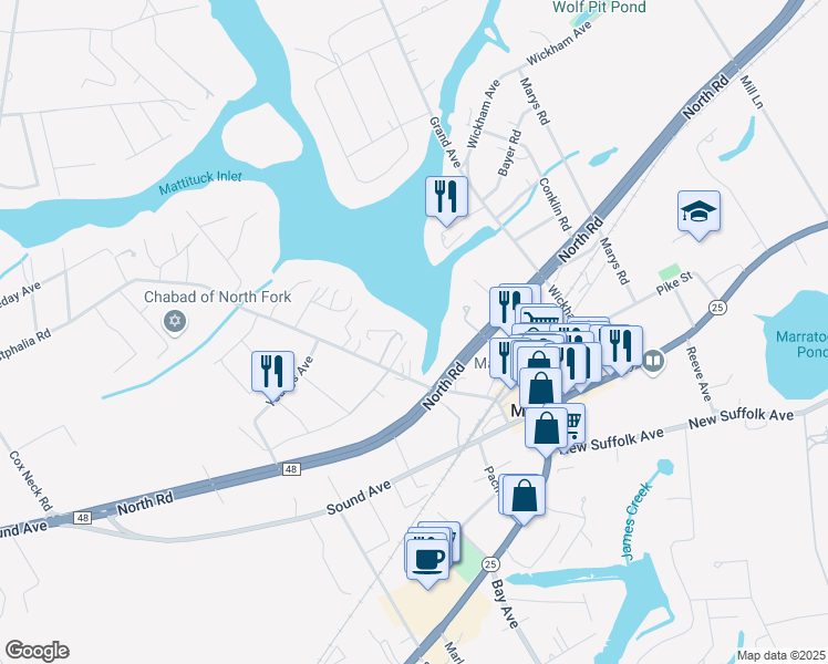 map of restaurants, bars, coffee shops, grocery stores, and more near 1300 Westphalia Road in Mattituck
