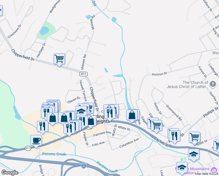 map of restaurants, bars, coffee shops, grocery stores, and more near 1104 Ehler St in Stroudsburg