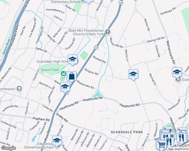 map of restaurants, bars, coffee shops, grocery stores, and more near 12 Burgess Road in Scarsdale