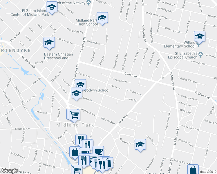 map of restaurants, bars, coffee shops, grocery stores, and more near 236 Vreeland Avenue in Midland Park