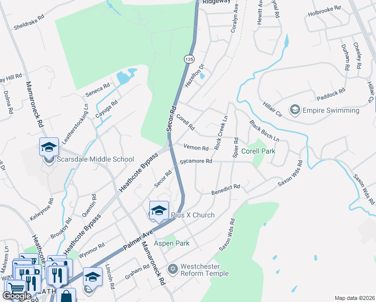 map of restaurants, bars, coffee shops, grocery stores, and more near 12 Vernon Road in Scarsdale