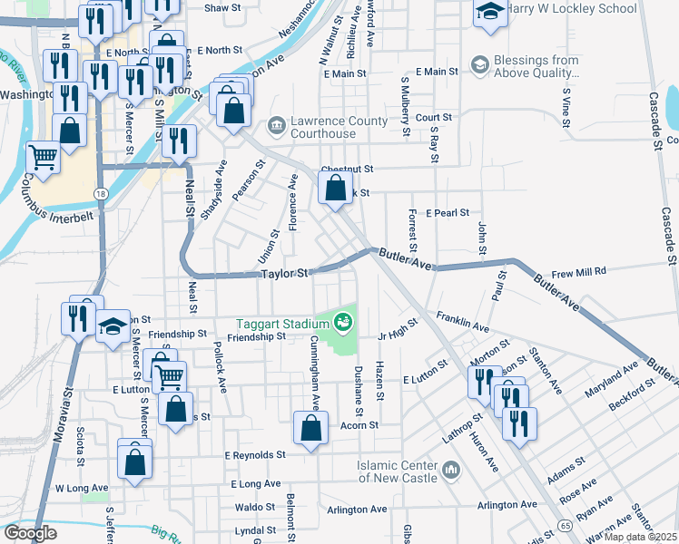map of restaurants, bars, coffee shops, grocery stores, and more near 782 Monroe Street in New Castle