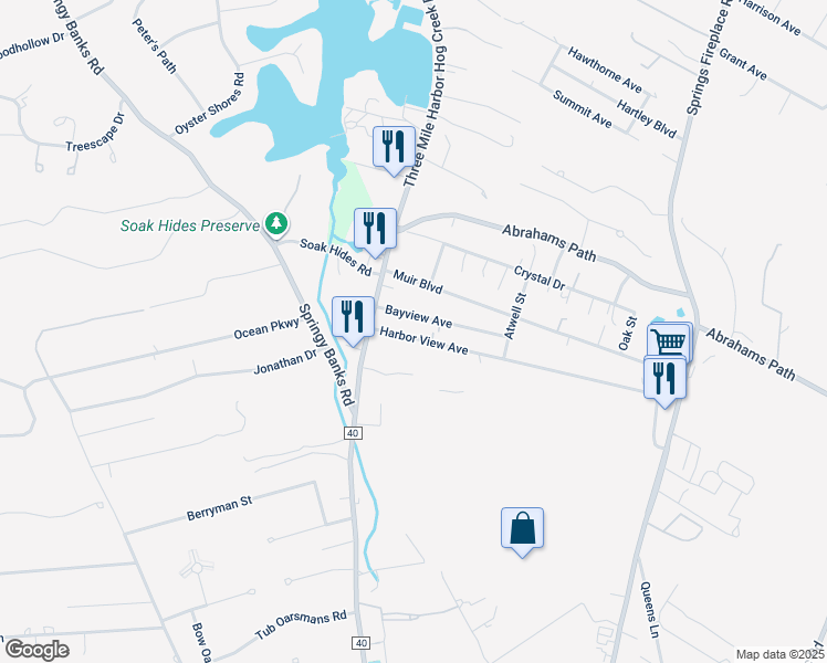 map of restaurants, bars, coffee shops, grocery stores, and more near 17 Harbor View Avenue in East Hampton