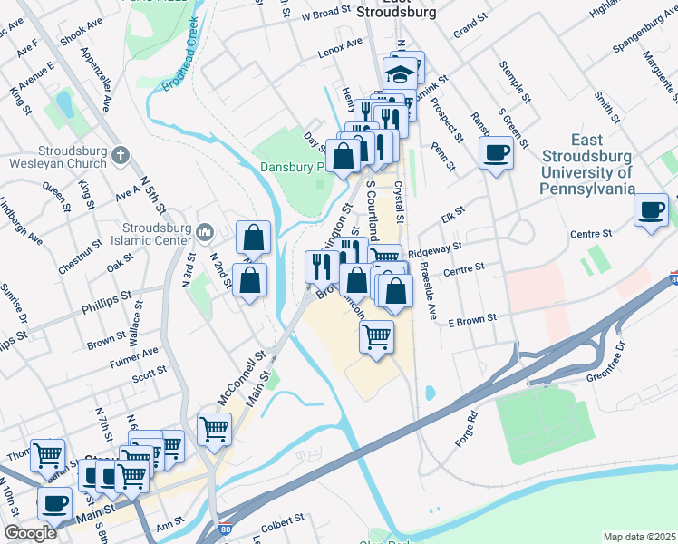 map of restaurants, bars, coffee shops, grocery stores, and more near 88 Brown Street in East Stroudsburg