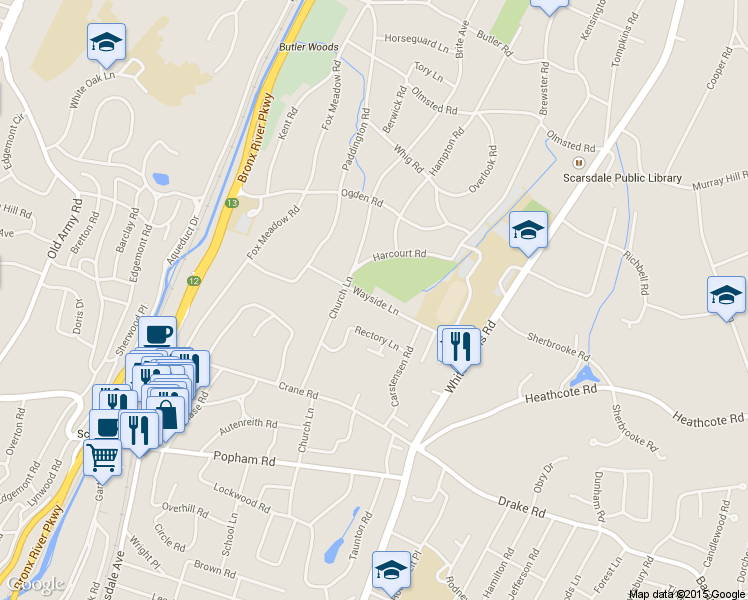 map of restaurants, bars, coffee shops, grocery stores, and more near 33 Wayside Lane in Scarsdale