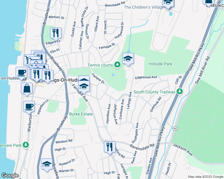 map of restaurants, bars, coffee shops, grocery stores, and more near 14 Valley Place in Hastings-on-Hudson
