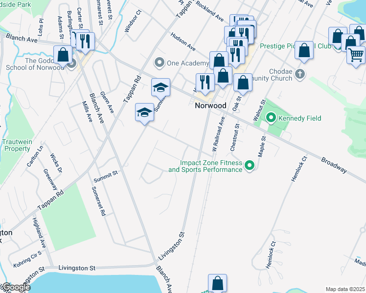 map of restaurants, bars, coffee shops, grocery stores, and more near 80 South Avenue in Norwood