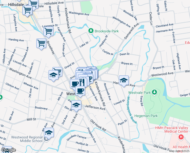 map of restaurants, bars, coffee shops, grocery stores, and more near 345 Kinderkamack Rd in Westwood