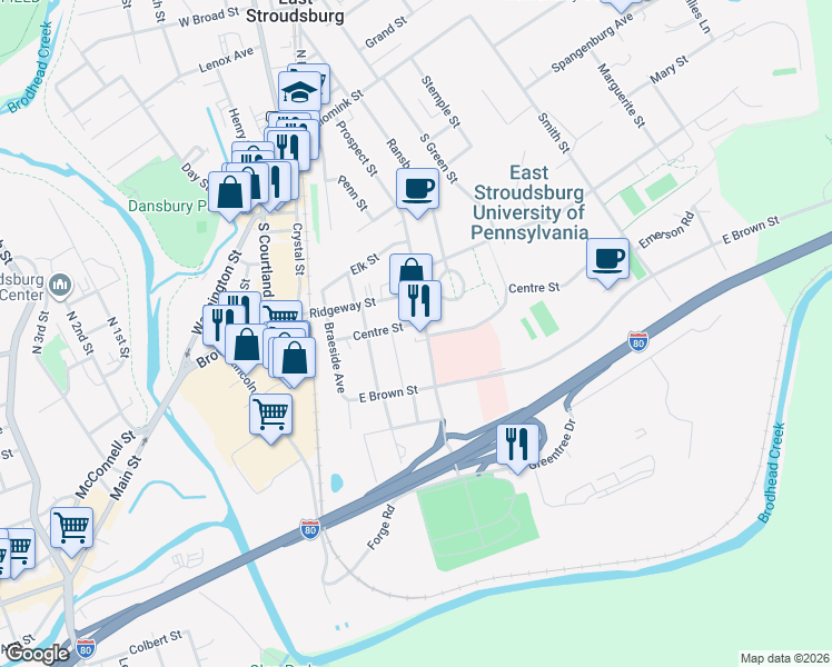 map of restaurants, bars, coffee shops, grocery stores, and more near 143 Centre Street in East Stroudsburg