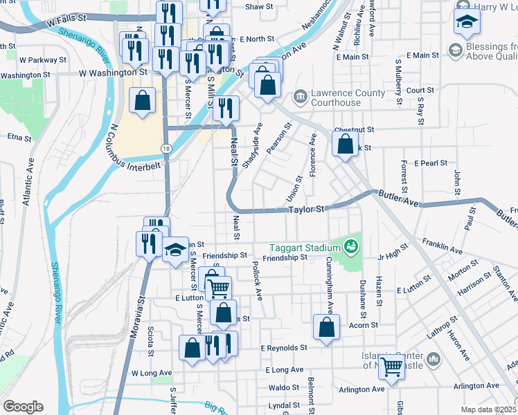 map of restaurants, bars, coffee shops, grocery stores, and more near 617 Pearson Street in New Castle
