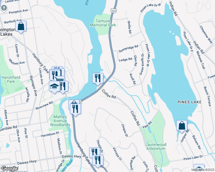 map of restaurants, bars, coffee shops, grocery stores, and more near 130 U.S. 202 in Wayne