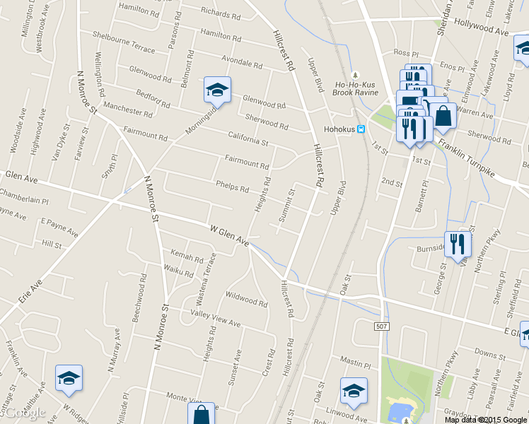 map of restaurants, bars, coffee shops, grocery stores, and more near 465 Heights Road in Ridgewood