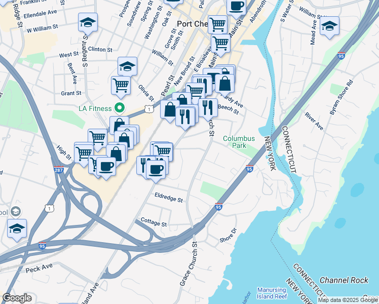 map of restaurants, bars, coffee shops, grocery stores, and more near 38 Armett Street in Port Chester