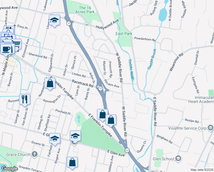 map of restaurants, bars, coffee shops, grocery stores, and more near 10 Pitcairn Avenue in Ho-Ho-Kus