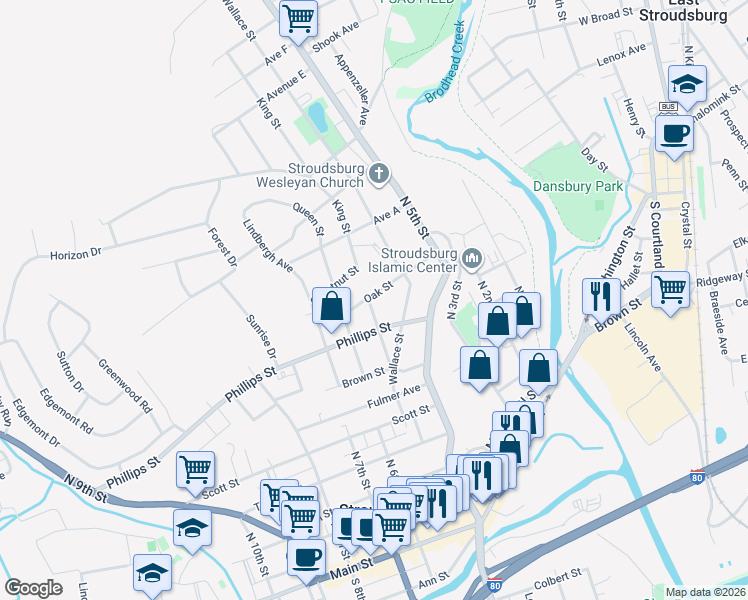 map of restaurants, bars, coffee shops, grocery stores, and more near 628 King Street in Stroudsburg