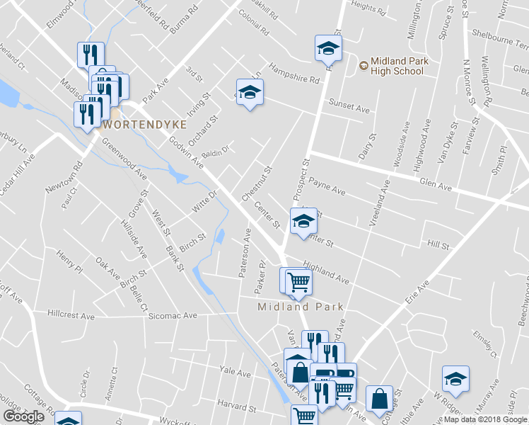 map of restaurants, bars, coffee shops, grocery stores, and more near 47 Center Street in Midland Park