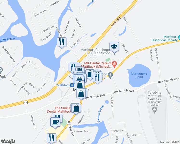 map of restaurants, bars, coffee shops, grocery stores, and more near 1301 Pike Street in Mattituck