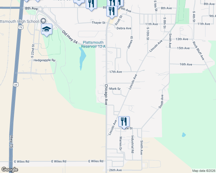 map of restaurants, bars, coffee shops, grocery stores, and more near 1510 Mark Street in Plattsmouth