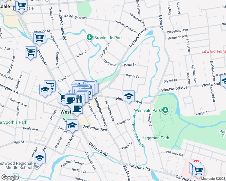 map of restaurants, bars, coffee shops, grocery stores, and more near 35 Bogert Place in Westwood