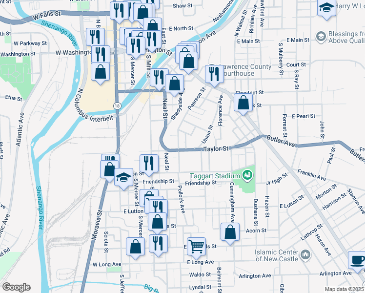 map of restaurants, bars, coffee shops, grocery stores, and more near 617 Pearson Street in New Castle