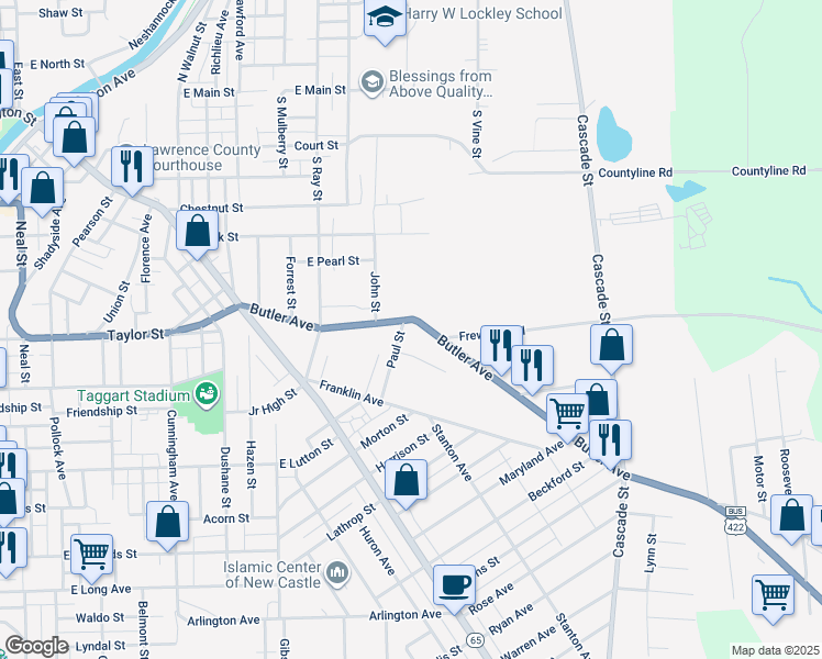 map of restaurants, bars, coffee shops, grocery stores, and more near 910 Butler Avenue in New Castle