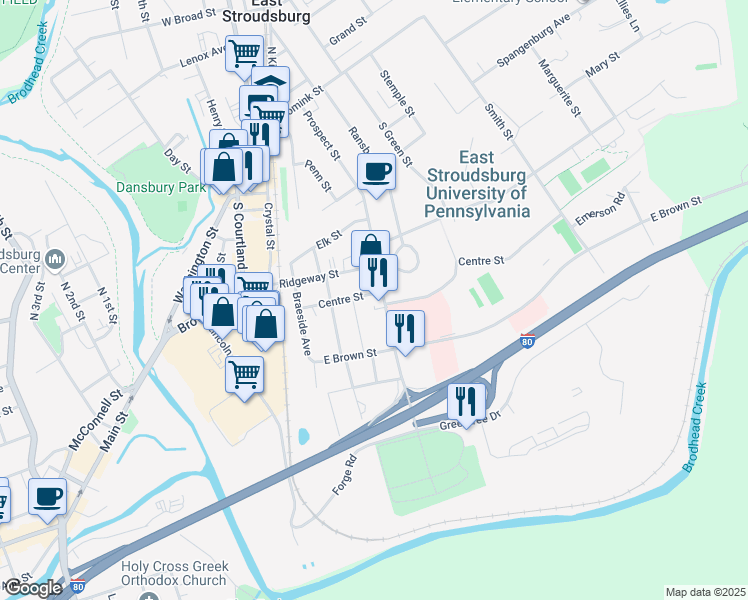 map of restaurants, bars, coffee shops, grocery stores, and more near 143 Centre Street in East Stroudsburg