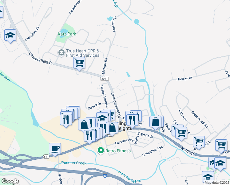 map of restaurants, bars, coffee shops, grocery stores, and more near 1130 Chipperfield Dr in Stroudsburg