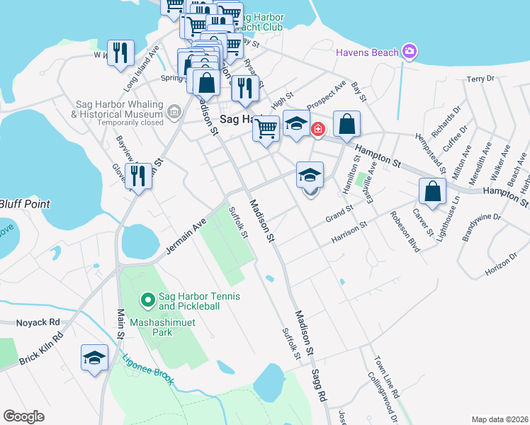 map of restaurants, bars, coffee shops, grocery stores, and more near 7 Marsden Street in Sag Harbor