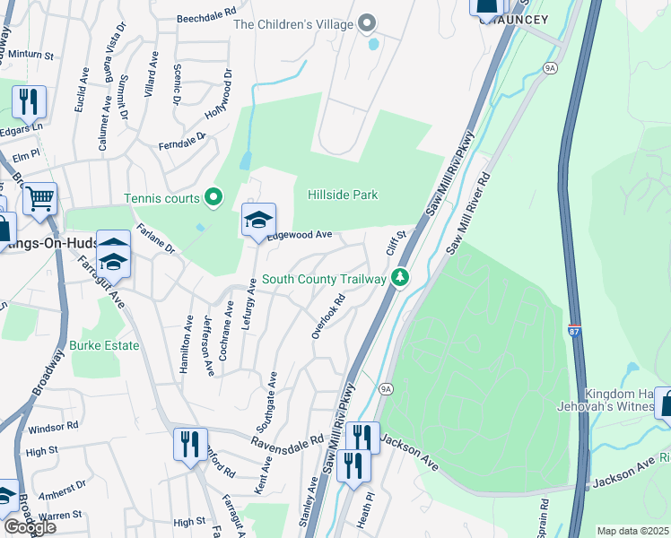 map of restaurants, bars, coffee shops, grocery stores, and more near 65 Dorchester Avenue in Hastings-on-Hudson