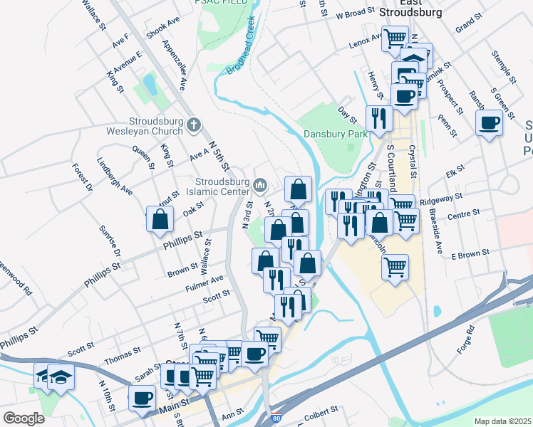 map of restaurants, bars, coffee shops, grocery stores, and more near 95 North 2nd Street in Stroudsburg