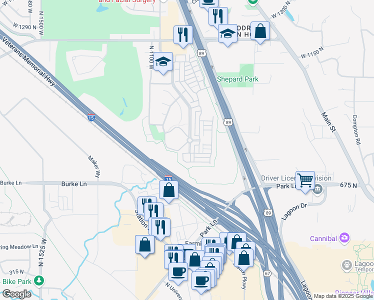 map of restaurants, bars, coffee shops, grocery stores, and more near 801 Shepard Creek Parkway in Farmington