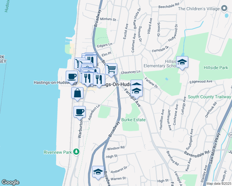 map of restaurants, bars, coffee shops, grocery stores, and more near 465 Broadway in Hastings-on-Hudson