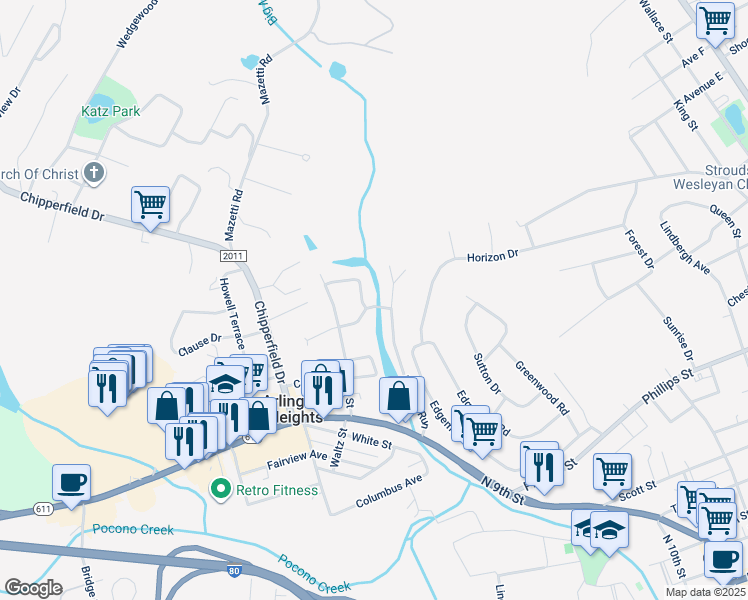map of restaurants, bars, coffee shops, grocery stores, and more near 1200 Javelyn Lane in Stroudsburg