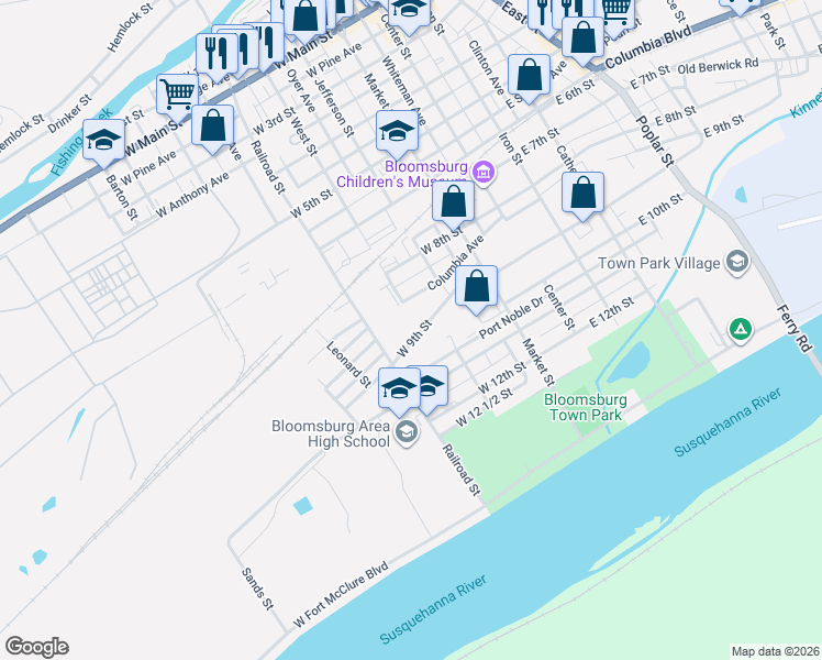 map of restaurants, bars, coffee shops, grocery stores, and more near 223 W 9th St in Bloomsburg