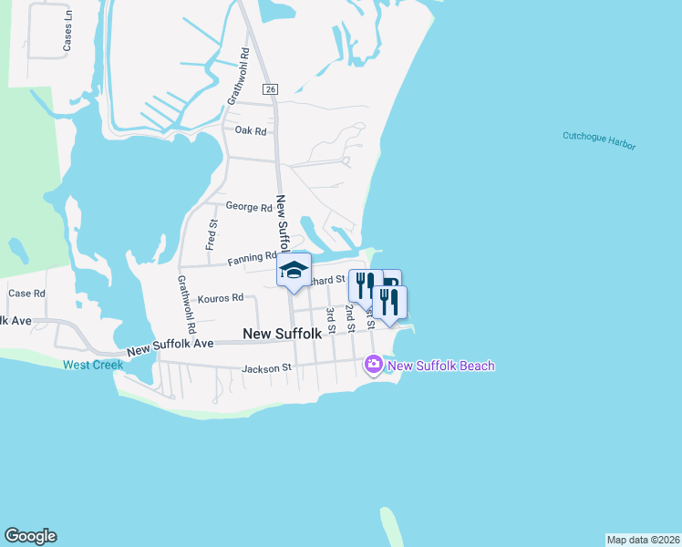 map of restaurants, bars, coffee shops, grocery stores, and more near 1300 2nd Street in New Suffolk