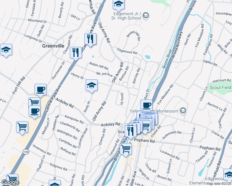 map of restaurants, bars, coffee shops, grocery stores, and more near 5 Doris Drive in Scarsdale