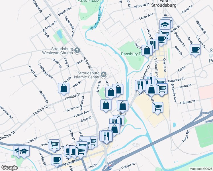 map of restaurants, bars, coffee shops, grocery stores, and more near 95 North 2nd Street in Stroudsburg