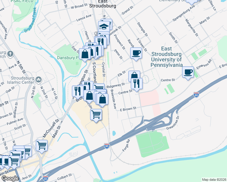 map of restaurants, bars, coffee shops, grocery stores, and more near 2 Center Street in East Stroudsburg