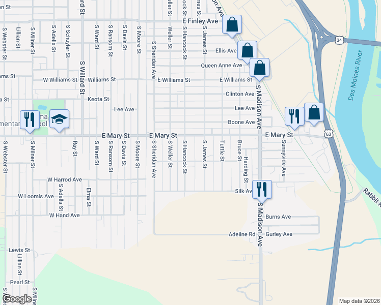 map of restaurants, bars, coffee shops, grocery stores, and more near 1001 Hammond Avenue in Ottumwa