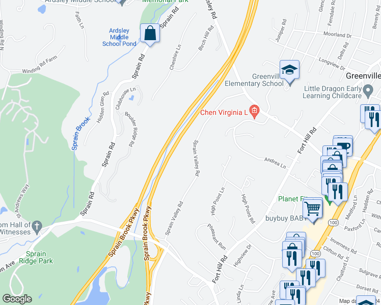 map of restaurants, bars, coffee shops, grocery stores, and more near 39 Sprain Valley Road in Scarsdale