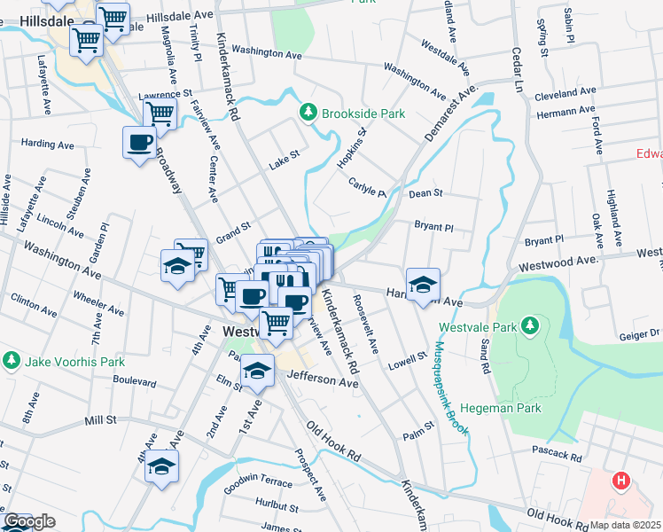 map of restaurants, bars, coffee shops, grocery stores, and more near 345 Kinderkamack Road in Westwood