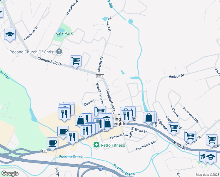 map of restaurants, bars, coffee shops, grocery stores, and more near 1130 Chipperfield Dr in Stroudsburg