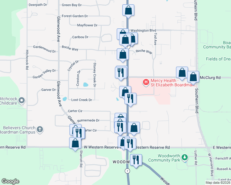 map of restaurants, bars, coffee shops, grocery stores, and more near 8430 Market Street in Boardman