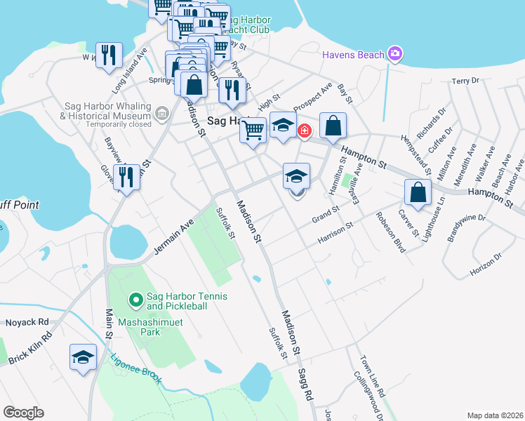 map of restaurants, bars, coffee shops, grocery stores, and more near 7 Marsden Street in Sag Harbor